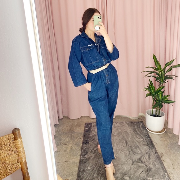 Vintage Pants - Vintage Utility Button Up Long Denim Jean Jumpsuit